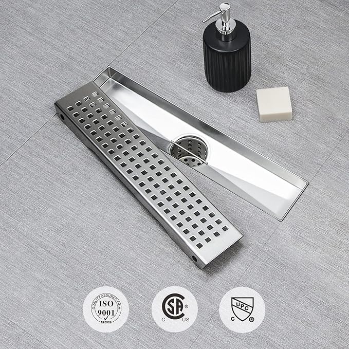 SaniteModar Shower Drain, 12 inch Linear Shower Drain with Removable Square Hole Panel, AISI 304 Stainless Steel Brushed Shower Floor Linear Drain with Adjustable Feet and Hair Strainer