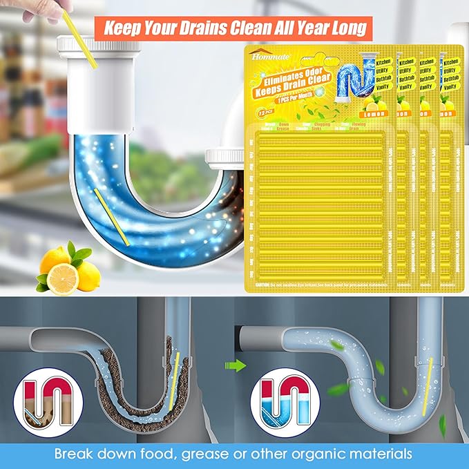 Drain Cleaner Sticks Enzyme Drain Stick Lemon Scent Pipe Cleaning Drains Stix Odor Remover Prevent Clogged Drains