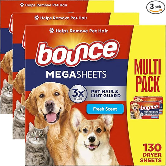 Bounce Pet Hair and Lint Guard Mega Dryer Sheets with 3X Pet Hair Fighters, Fresh Scent, 130 Count (Pack of 3)