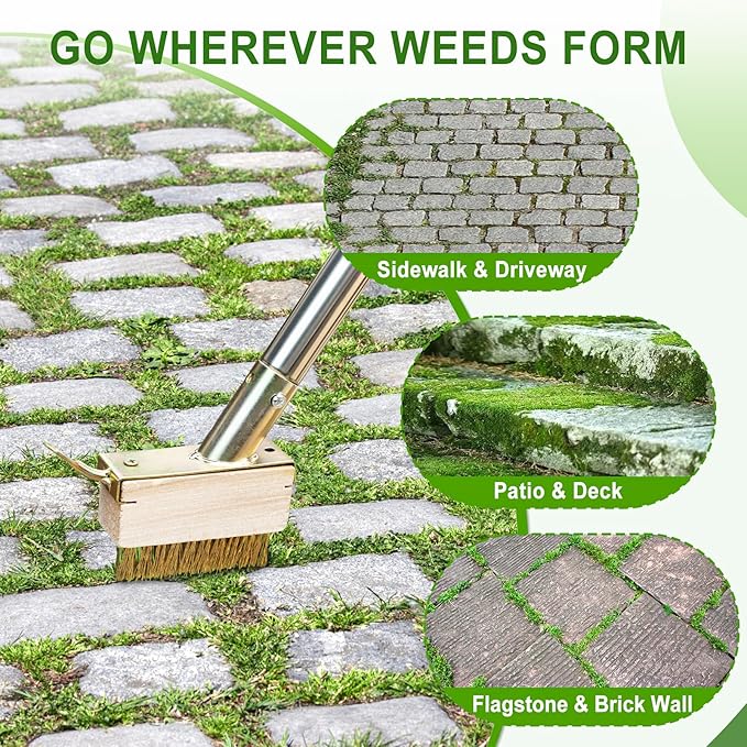 Moss Remover Brush Crack Weeder Tool Stainless Steel Crevice Weeder with 2 Brush Heads - Long Handle Weed Puller for Deck, Patio, Walkway, Driveway Crevice Cleaning Tool (Moss Remover Tool-2)