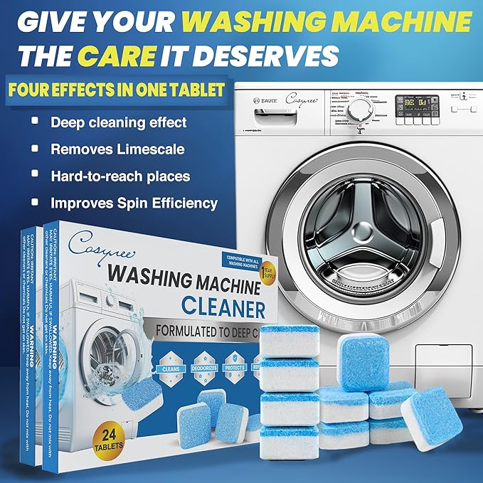 24 Washer Cleaner Tablets – Deep Cleans & Deodorizes All Washers, Removes Grime & Odor, Powerful Descaling Formula, Eco-Friendly, 1-Year Supply, Septic Safe