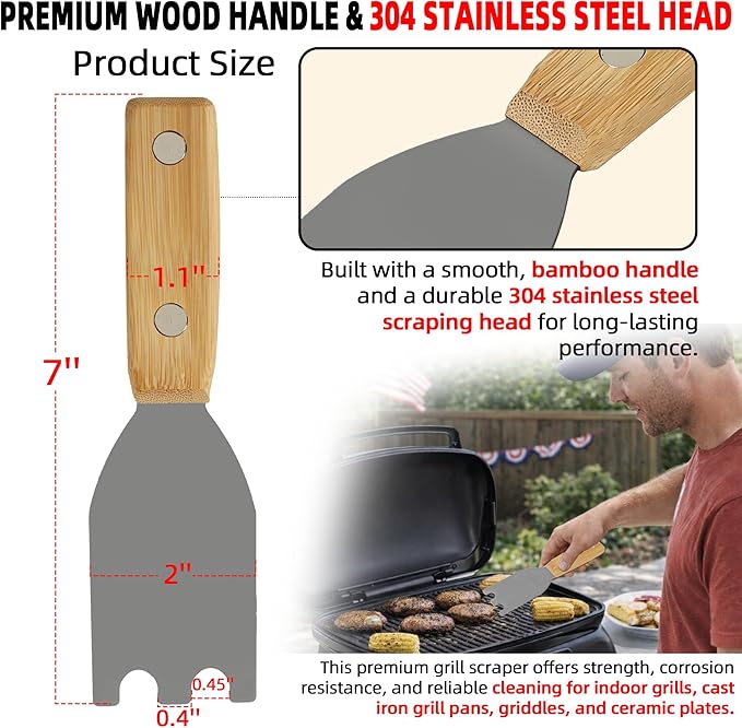 TonGass Bamboo Grill Scraper with Stainless Steel Head Compatible with George Foreman 1925B01B Grill Spatula for George Foreman & Most Other Indoor Grills with Grooves, Heat-Resistant & Durable