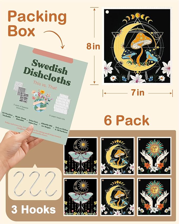 Miss Adola Kitchen Swedish Dishcloths with Hooks - 6 Pack Reusable Dish Cloths for Washing Dishes Fast Drying Cute Fun Swedish Dish Towels Washable Cleaning Sponge, Sun Moon Butterfly