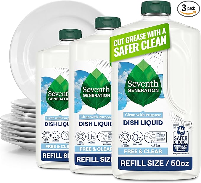 Seventh Generation Dish Soap Refill, Free & Clear, 50 fl oz, 3 Pack, Plant-Based Dishwashing Liquid for Grease & Tough Food Messes, For Sensitive Skin