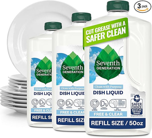 Seventh Generation Dish Soap Refill, Free & Clear, 50 fl oz, 3 Pack, Plant-Based Dishwashing Liquid for Grease & Tough Food Messes, For Sensitive Skin