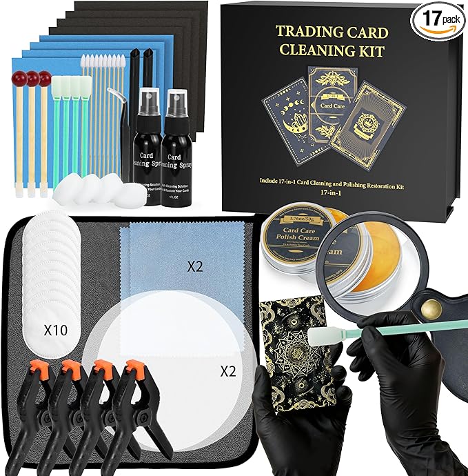 Card Care Clean Kit,17-in-1 Card Cleaning and Polishing Restoration Kit, Trading Card Cleaning Box with Cleaning Spray and Balck Nitrile Gloves, Suitable for Surface Card Care&Flatten Edges, 7.2″