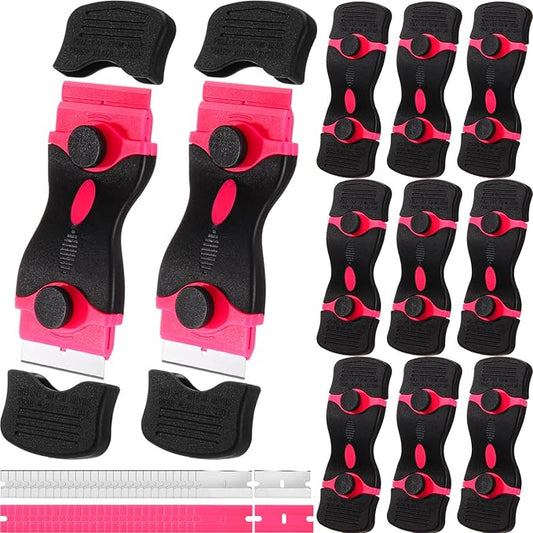 WILLBOND 72 Pcs Double Razor Blade Scraper Tool Set 12 Pcs 2 in 1 Razor Scraper Remover 60 Pcs Metal and Plastic Blades for Decal, Sticker, Label, Caulk Adhesive, Paint Stovetop, Subfloor (Pink)