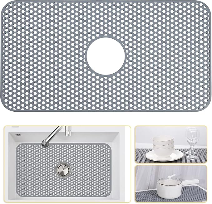 Silicone Sink Protectors for Kitchen Sink with Center Drain, 26'' x 14'' Kitchen Protector Accessory, Non-Slip Grid Mat for Bottom of Farmhouse Porcelain Stainless Steel (Center Hole)