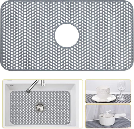 Silicone Sink Protectors for Kitchen Sink with Center Drain, 26'' x 14'' Kitchen Protector Accessory, Non-Slip Grid Mat for Bottom of Farmhouse Porcelain Stainless Steel (Center Hole)