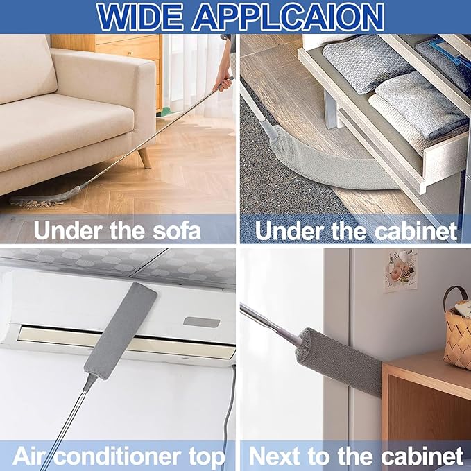 Retractable Gap Dust Cleaner with Extension Pole, Cleaning Tools with 2 Microfiber Dusting Cloths, Washable Extendable Long Handle Gap Dusters for for Sofa Bed Furniture Bottom (2pcs Duster Cloths)
