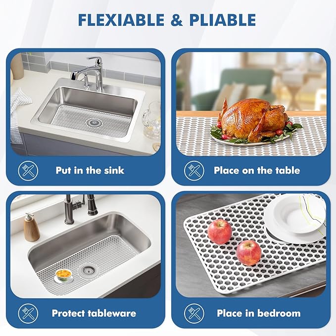 Silicone Sink Protectors for Kitchen Sink - 26"x 14" Kitchen Protector Accessory, Non-Slip Heat Resistan Mat for Bottom of Farmhouse Stainless Steel Porcelain (Center Drain Hole,White)