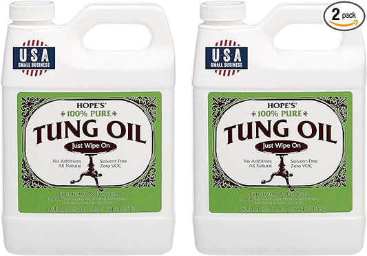 HOPE'S 100% Pure Tung Oil, Food Safe, Premium Waterproof Natural Wood Finish and Sealer for Indoor and Outdoor Projects, 32 Fl Oz, 2 Pack