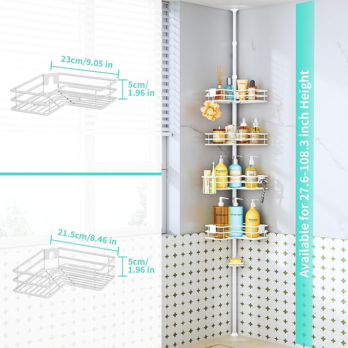 HapiRm Corner Shower Caddy Organizer - Shower Organizer Corner with Soap Holder, Toothbrush Holder and 4 Hooks, Rustproof Bathroom Shelf Tension Pole Available for 27.6 to 108.3 Inch - White