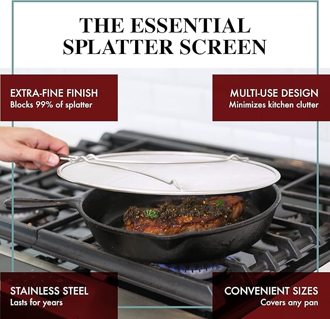 BergKoch Splatter Screen for Frying Pan - 9.5 Inch Stainless Steel Grease Splatter Guard - Cover Oil Splash when Sizzling Bacon, Cooking Fried Chicken or Popcorn