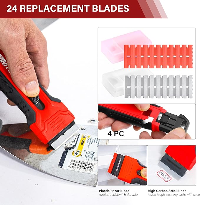 HAUTMEC Razor Blade Scraper Tool With 24Pcs Extra Blades, 10 Plastic Rozor Blades, 14 Carbon Steel Razor Blades, Removing Decals, Stickers, Labels for Glass, Tile, Window, Car, Cooktops 25031