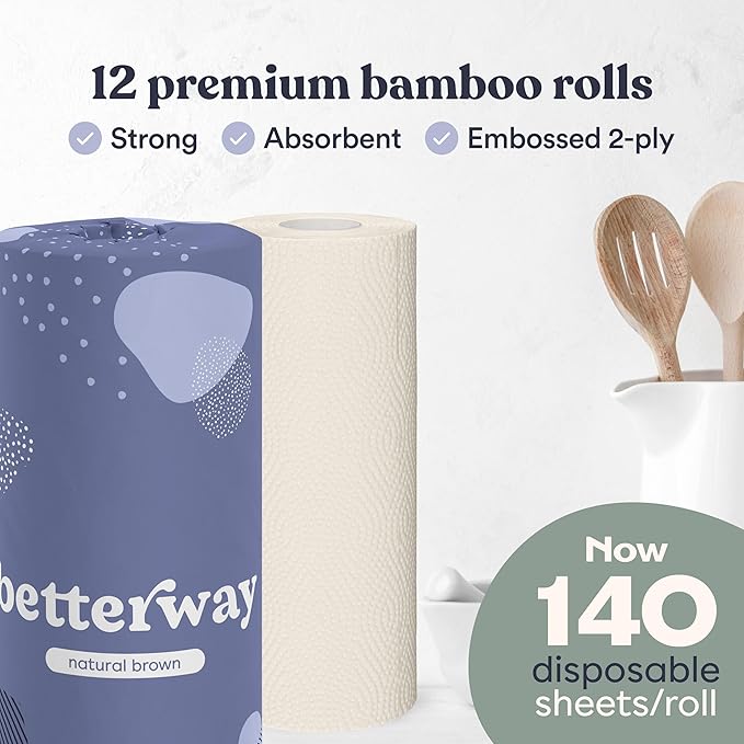 Betterway Bamboo Paper Towels 12 Pack - Unbleached, Non Toxic, PFAS Free - 140 Sheets/Roll, 2-Ply, No Plastic, No Dyes, Eco Friendly, Compostable, Sustainable, FSC Certified, Natural Brown