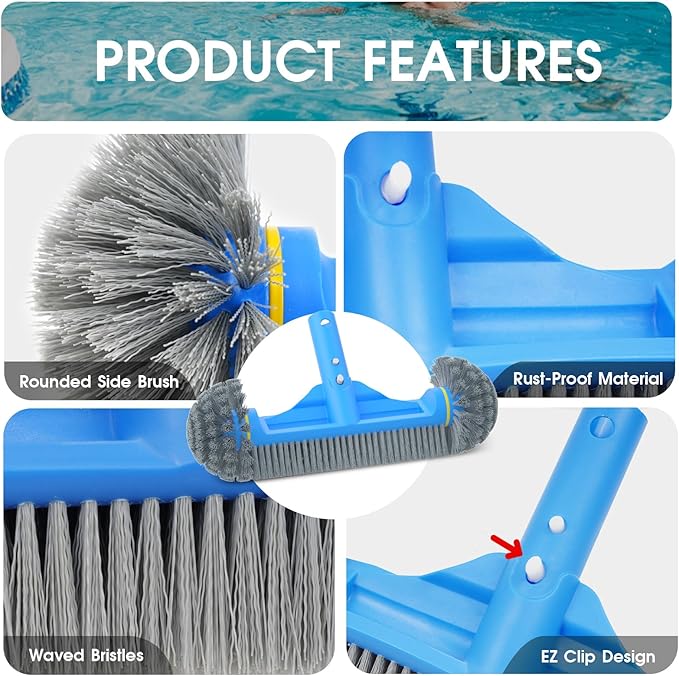 TidyMister 3PCS Cleaning Kit - 12.5'' Brush With Round End & 11'' Skimmer Net Fine Mesh & 5.7 Feet Thick Aluminum Pole 5-Segment, for Above Ground & Inground Pools Ponds