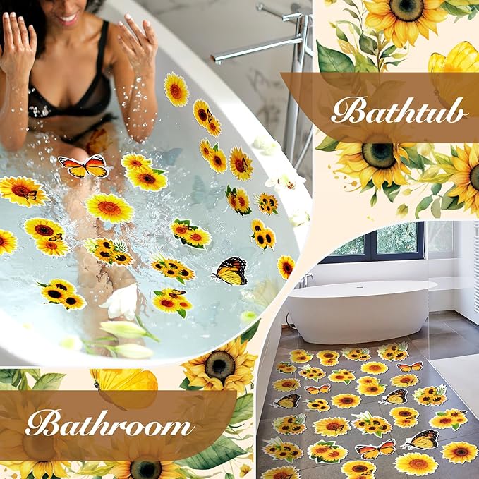 Yaomiao 24 Pcs Sunflower Non Slip Bathtub Stickers Shower Stickers Anti Slip Decal Threads Adhesive Appliques with Scraper Adhesive Decals for Safety Bathroom Tubs, Shower Floor, Stairs