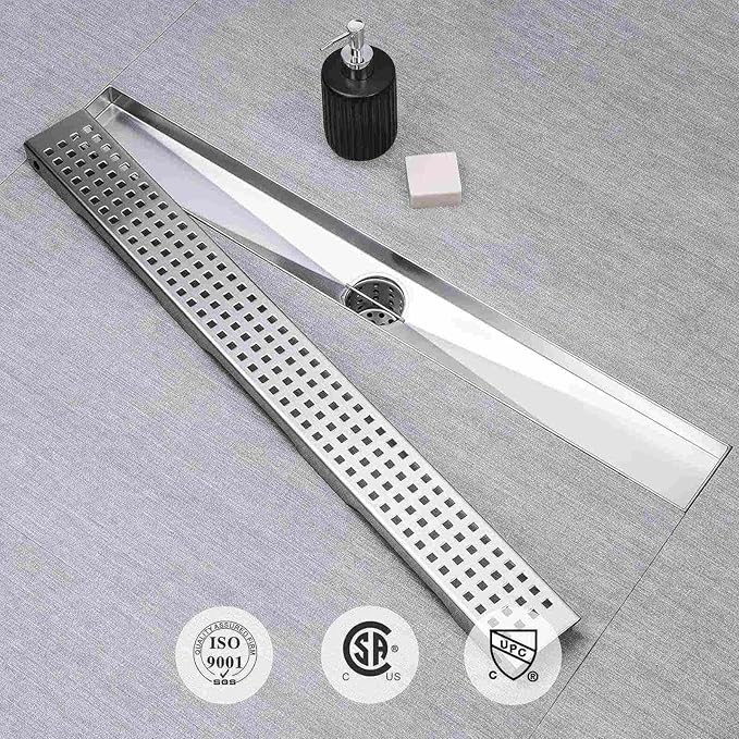 SaniteModar Linear Shower Drain, 72 inch Shower Drain with Removable Square Hole Panel by Using Brushed 304 Stainless Steel Process, Linear Drain Equipped with Adjustable Feet and Hair Strainer