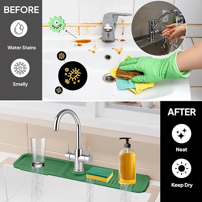 24 Inch Silicone Faucet Mat for Kitchen Sink Splash Guard & Draining Tray Sink Protector with Soap & Sponge Holder Green (Purest Peak)