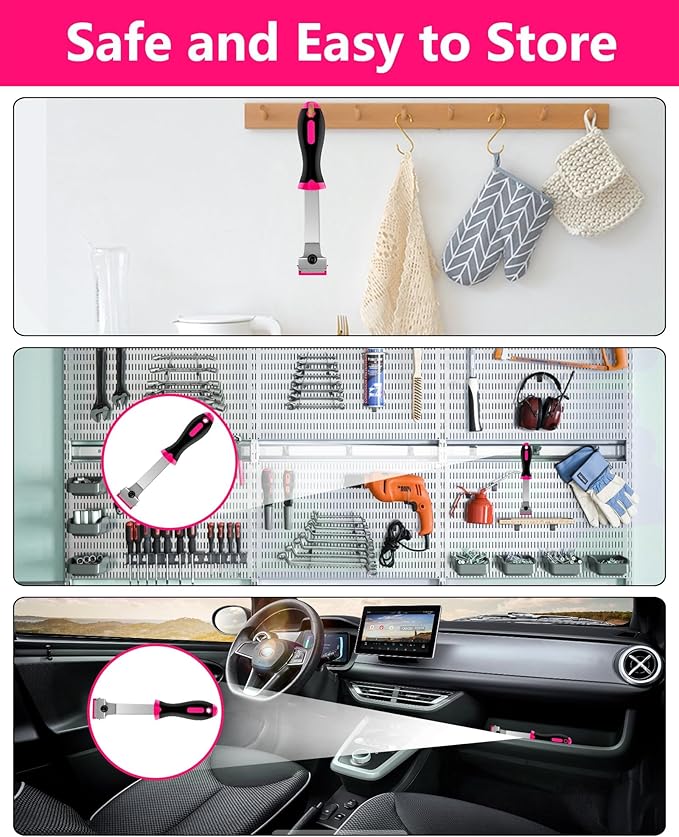Razor Blade Scraper,Long Handle Razor Scraper with 10 Plastic and 10 Metal Blades - Perfect for Removing Labels, Stickers, Registration Stickers, and Grease from Windshields, Tint, and Glass (Pink)