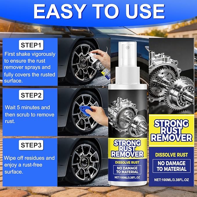 Upgrade Rust Remover Set for Metal, with Cleaning Cloth and Sponge, Heavy Duty Metal Cleaner for Vehicles, Tools, Chains, Multipurpose Iron Out Rust Stain Remover, 100 ml