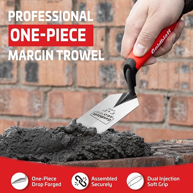 Goldblatt RED Margin Trowel, 5" x 2" Upgraded Ground Blade, Professional Masonry Tools, Heavy Duty One-Piece Forging, Durable High Carbon Steel, Soft Handle, for Spreading Mortar, Trimming Corners