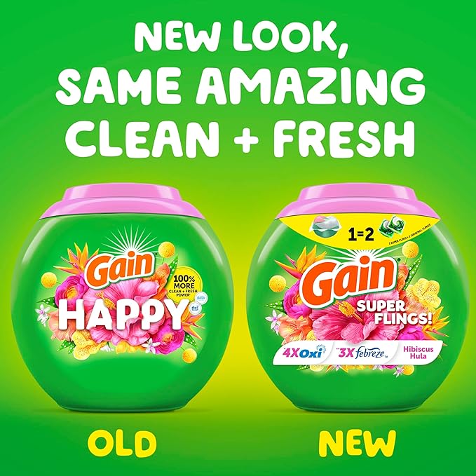 Gain Super Flings Laundry Detergent Pacs, 18 Count, Hibiscus Hula scent, irresistibly clean and fresh washing detergent laundry soap pacs