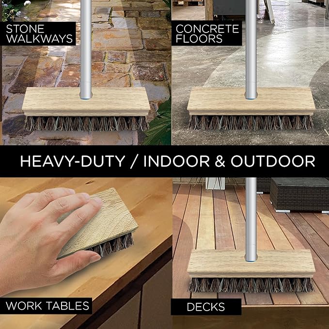LOLA Heavy-Duty Deck Scrub Brush, 9" x 3.5" Head w/Palmyra & PVC Bristles for Outdoor Cleaning, Removes Dirt & Grime from Patios, Decks, Grout, 1 CT