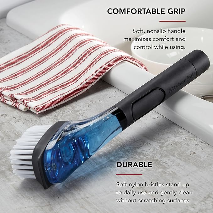 KitchenAid Soap Dispensing Sink Brush with Easy to Fill Handle, Nylon Bristles for Tough Cleaning, Comfort Grip Handle for Non Slip Grip, Black (Pack of 12)