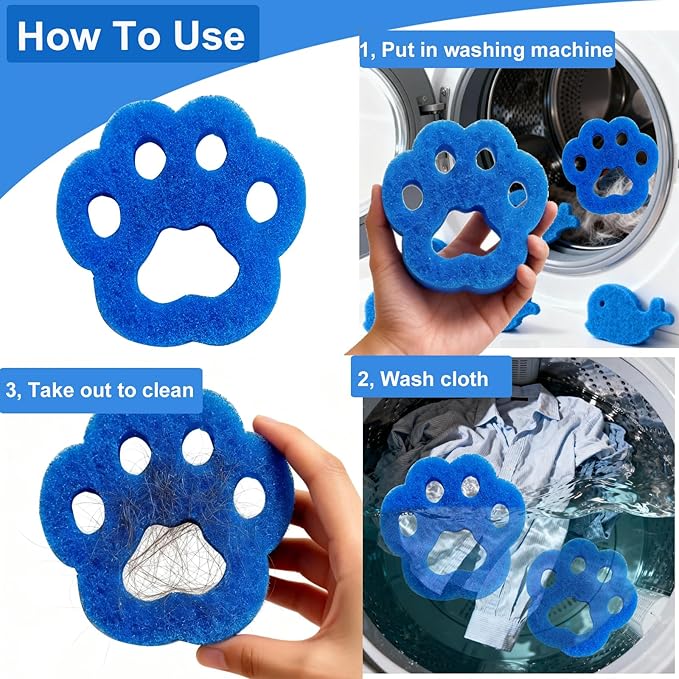 Pet Hair Remover for Laundry, 6PCS Reusable Dog & Cat Hair Remover Tool - Removes Pet Fur, Hair, Lint, Dander from Clothes &Washing Machine. (Blue, cat paw)