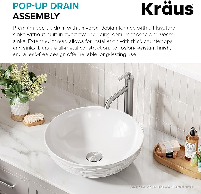 KRAUS Bathroom Sink Pop-Up Drain Assembly in Satin Nickel for Vessel Sinks and Sinks without Overflow, with Extended Thread for Thicker Countertops, PU-L10SN