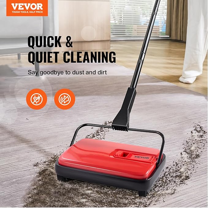 VEVOR Carpet Sweeper Manual, Floor Sweeper with 300 ml Dustbin Capacity Easy to Empty, 6.7 inch Cleaning Width for Home Office Carpets Pet Hair Dust, Red