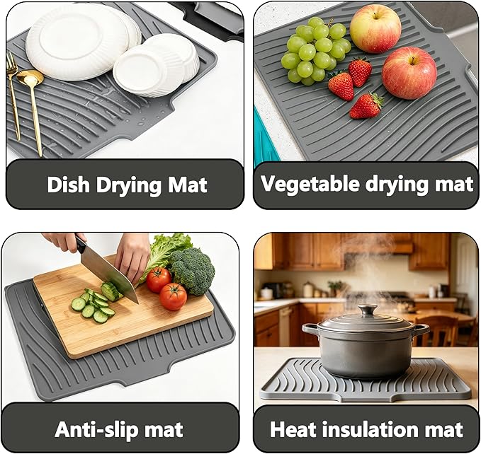 Silicone Dish Drying Mat,Dish Drying Pad,Kitchen Accessories,with Built-In and Non-Slip Drain,Easy Clean, Fit for Kitchen, Bar, RV, Refrigerator and Drawer Liner, 19.7 * 17 in Grey 1PCS by EBIGIC