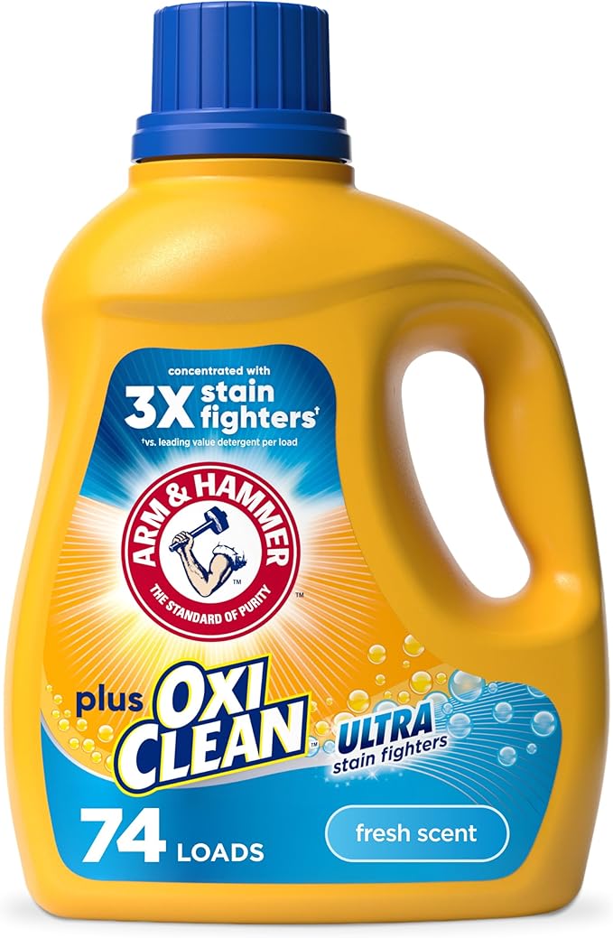 ARM & HAMMER Plus OxiClean Ultra Stain Fighters Liquid Laundry Detergent, Stain Remover for Clothes, Fresh Scent, 74 Loads, 96.2 Fl Oz
