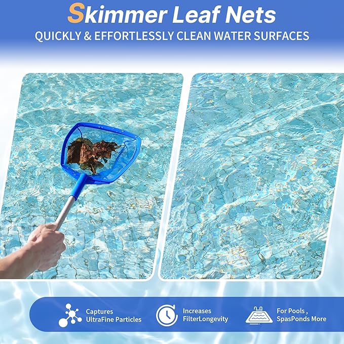 Pool Skimmer Net, Hot Tub Skimmer Spa Net with Pole, 26.3'', Ultra Fine Mesh Skimmer Rake, Swimming Pool Leaf Skimmer Net with Aluminum Pole, Spa Hot Tub Skimmer for Fast Cleaning, Leaves, Debris