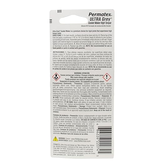 Permatex 22074 Ultra Grey Rigid High-Torque RTV Silicone Gasket Maker, Sensor Safe and Non-Corrosive, for High Torque and Vibration Resistant Applications, 0.5 oz | (Pack of 6)