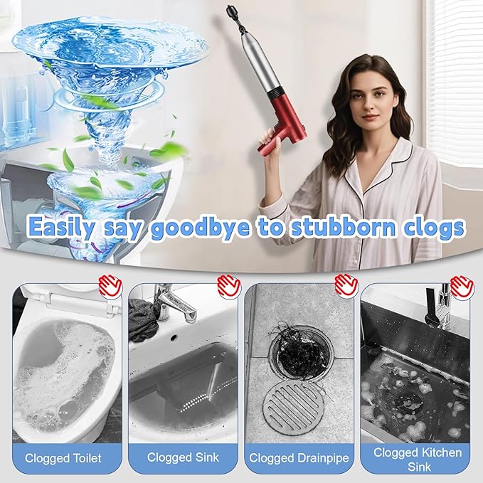 Electric Toilet Plunger with Real-time Barometer, Unclog in 1 Shot, High Pressure Toilet Plunger Drain Clog Remover Perfect for Bathroom, Floor, Shower, Kitchen Clogged (Red-Electric)