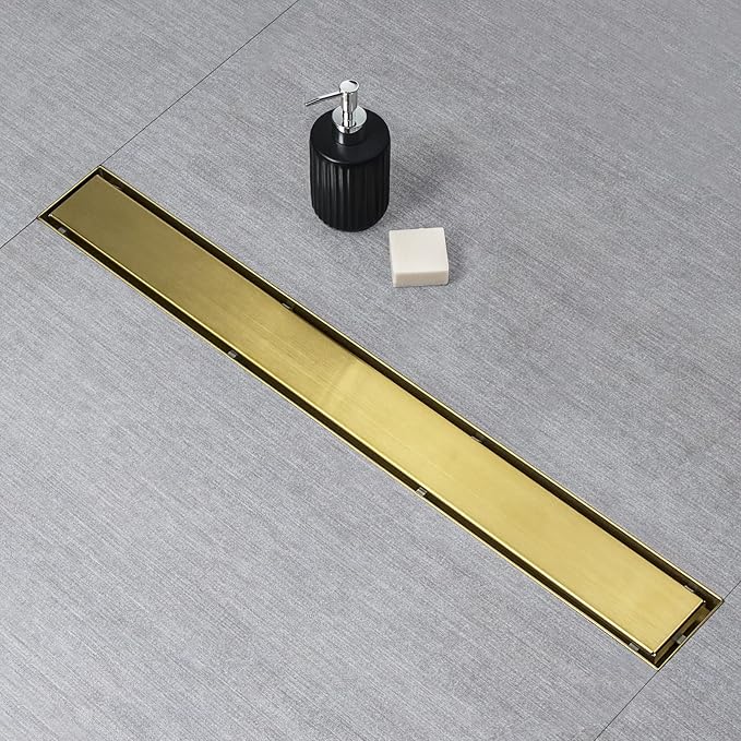 SaniteModar Linear Shower Drain, Gold Shower Drain 16 inch with 2 in 1 Flat and Tile Insert Panel, AISI 304 Stainless Steel Shower Floor Drain with Hair Strainer and Leveling Feet