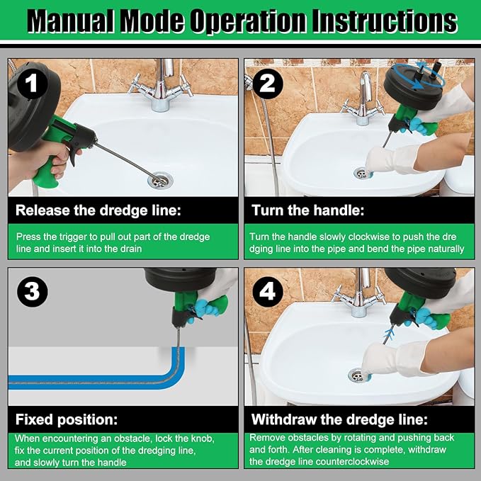 50 Ft Drain Snake, Fast Unclog Snake, Manual & Electric Plumbing Snaker for Shower Sink, Toilet and Kitchen, Drain Auger 50 ft Comes with Gloves and Bag, 1/4 Inch, Green