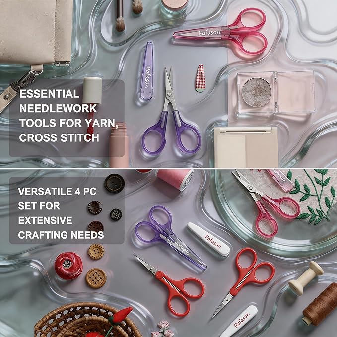 PAFASON Small Craft Scissors Set Straight Precision Fine Tip All Purpose for Scrapbooking Quilting Sewing Knitting Embroidery Cross Stitch Crochet Thread Yarn Paper Fabric Detail Cutting, Safety Case