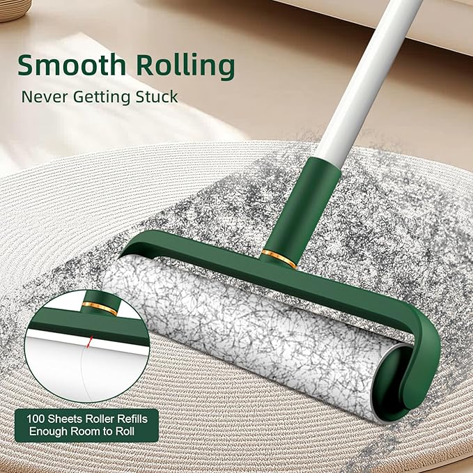 Large Lint Rollers for Pet Hair Extra Sticky, 400 Sheets Roller Refills with Long Handle, 9.45" Giant Lint Roller for Floors, Furniture, and Pet Owners (Green)