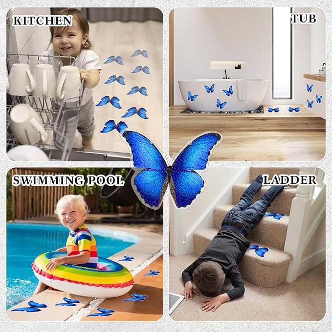 20 Pcs Non Slip Bathtub Stickers Anti Slip Shower Stickers Butterfly Anti Skid Bathtub Decals Adhesive Shower Grips Peel and Stick Treads Applique with Scraper(Blue,Butterfly)