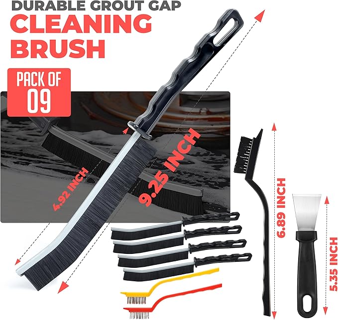 Scurvy Crevice Cleaning Brush, Multi-Purpse Hard Bristle Grout Brush for Cleaning Bathroom, Kitchen, Tiles, Corners, Teapot, Bottle, Tight Spaces & More - (9PCS)