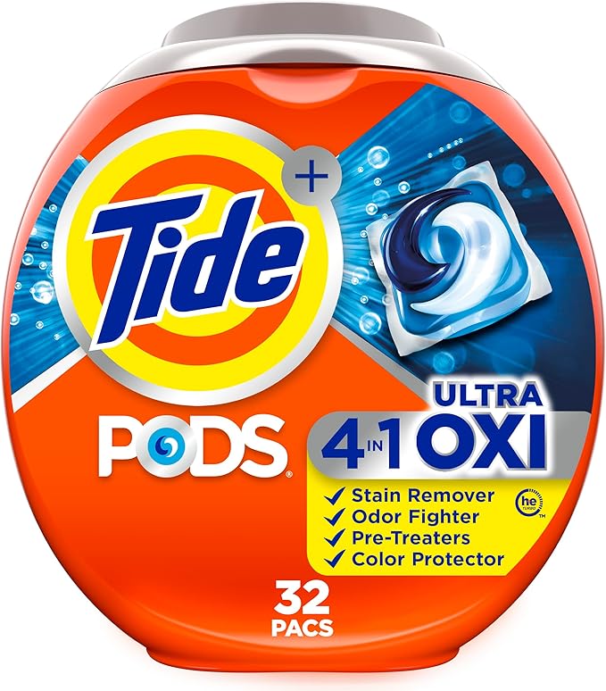 Tide, 4-n-1 Ultra Oxi Pods Laundry Detergent Pacs, HE Compatible, Built in Pre-Treater for Stains, 32 Count