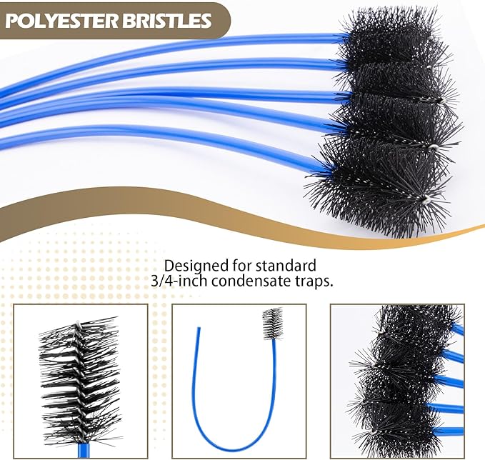 16-Inch Flexible AC Drain Line Cleaning Brush, 5-Pack, for Condensate P-Trap and HVAC Systems, Blue