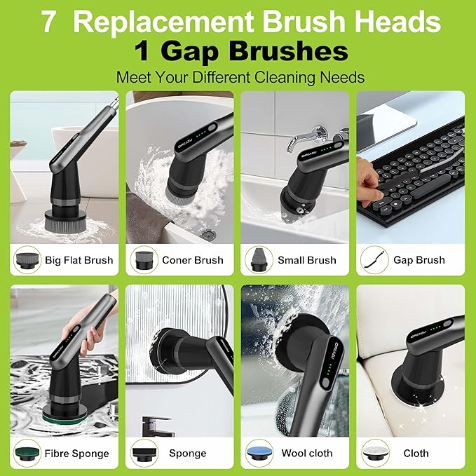 G2-Pro Electric Spin Scrubber - Upgraded 10-in-1 scrubber brush electric, Retractable Handle & 2-Speed for Bathroom, Bathtub, Kitchen, Tile Floors(Gray Brush Head）
