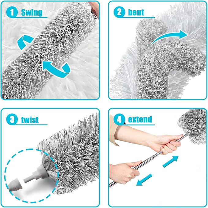 Feather Duster for Cleaning Extendable - Feather Duster for Cleaning The Indoor. 110 in Long Duster with Extension Pole for Clean Ceilings and Fans. Microfiber Duster for Blinds. Washable Dduster