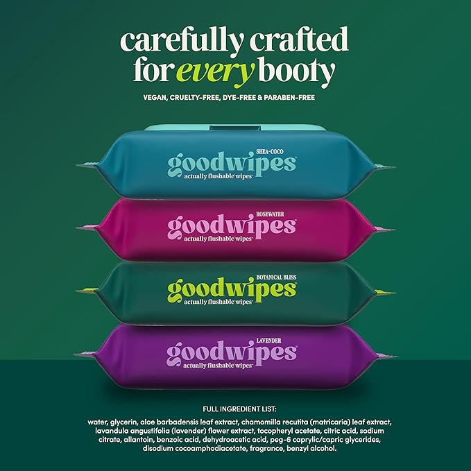 goodwipes Flushable Wipes - Botanical Bliss Wet Wipes for Adults, Sewer & Septic Safe, Guest Bathroom Essentials for Women & Men, pH Balanced & Extra Large, 153 Count (3 Packs and 3 Singles)