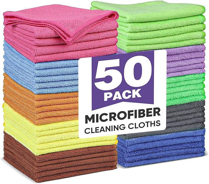 10 Colors Microfiber Cleaning Cloths, 50 Pack Assorted Cleaning Rags, Highly Absorbent Microfiber Towels for Car, Kitchen, Bathroom and Household Cleaning, 11.8"X11.8"